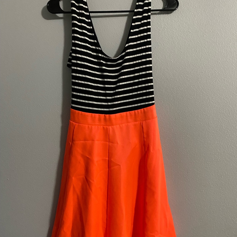 Double Zero Black and White Striped Top with Orange Skirt